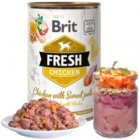 Холистична консервирана храна за кучета Brit Fresh Chicken with Sweet Potato с 48% прясно пилешко месо, 28% пуешко и 5% сладки картофи
